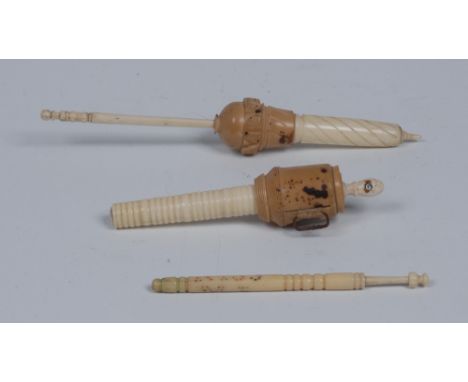 Sewing - a Victorian vegetable ivory combination tape measure and needle case, stanhope finial, 10.5cm long, c.1880; another 