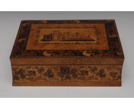 A Victorian burr and Tunbridge Ware waisted rectangular lady's casket, the slightly domed hinged cover inlaid with a Medieval