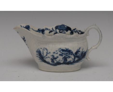 A Worcester Two Porters pattern cream boat, decorated in underglaze blue with figures and foliage within relief moulded carto
