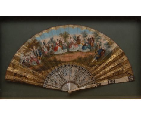 An early 19th century French forty-three stick fan, printed and then overpainted in colourful tones of gouache with a musical