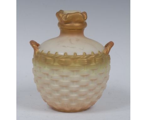 A Royal Worcester scent bottle and stopper, in the form of a flagon in a basket, moulded in relief, 12cm high, crown and circ