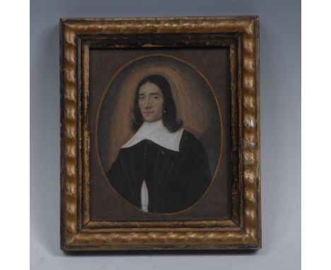 Continental School (18th century), portrait miniature, of a 17th century gentleman, bust-length, shoulder-length and curling 