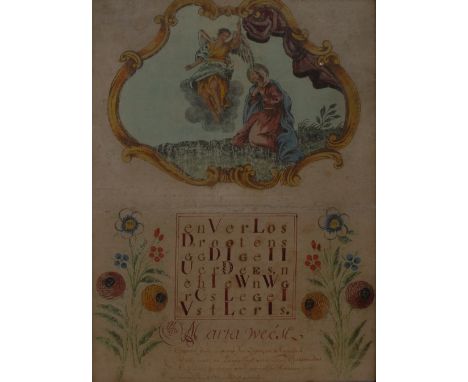 An early 18th century Dutch manuscript catholic benediction, painted in watercolour and gouache with the Annunciation of Our 