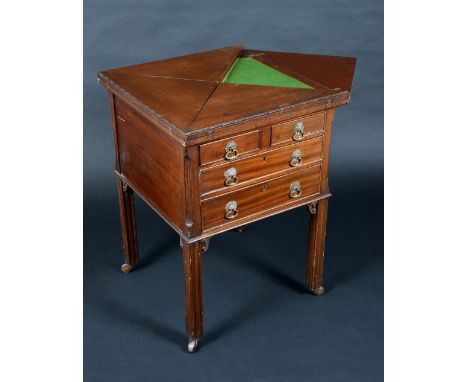 A George III Revival mahogany combination envelope card table/cabinet, folding top with beed-and-reel border above two short 