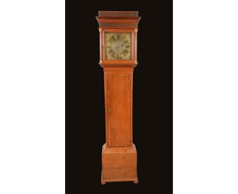 A George I oak longcase clock, 27cm square brass dial inscribed Jos. Thompson, Cirencester, Roman numerals, leafy cast spandr