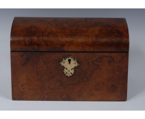 A Victorian burr walnut domed rectangular tea caddy, hinged cover enclosing a bowl and a lidded compartment, Gothic brass esc
