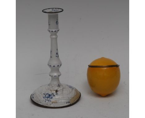 A George III South Staffordshire enamel candlestick, decorated with blue stylised flowerheads, 16cm high, c.1800;  a large le