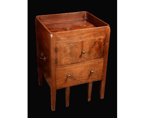 A George III mahogany rounded rectangular tray-top night table, deep gallery above a pair of rectangular doors, commode drawe