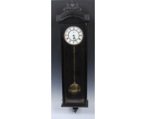 A 19th century Vienna regulator wall clock, 16cm enamel dial inscribed with Roman numerals, subsidiary seconds dial, single w