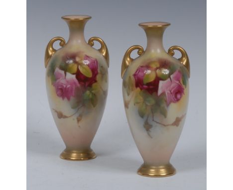 A pair of Royal Worcester two-handled inverted baluster vases, painted with pink roses, gilt scrolls handles, necks and gradu