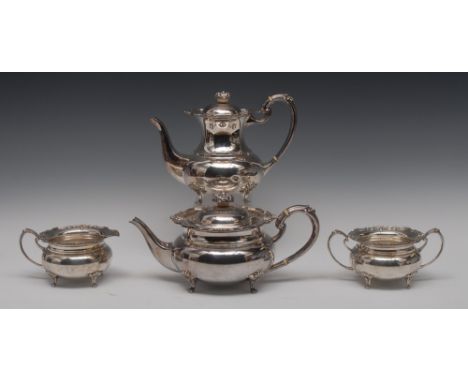 A Regency style silver four piece tea and coffee service, comprising teapot, coffee pot, milk jug and sugar basin, knop finia