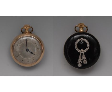 A lady's Art Deco diamond set fob watch, silvered dial, Arabic numerals, minute track, blues hands, the reverse inset with a 