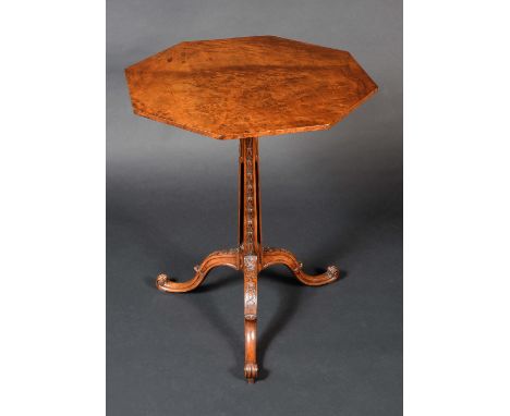 A Chippendale Revival walnut octagonal tripod occasional table, by Wright & Mansfield, pierced triform column carved with tra