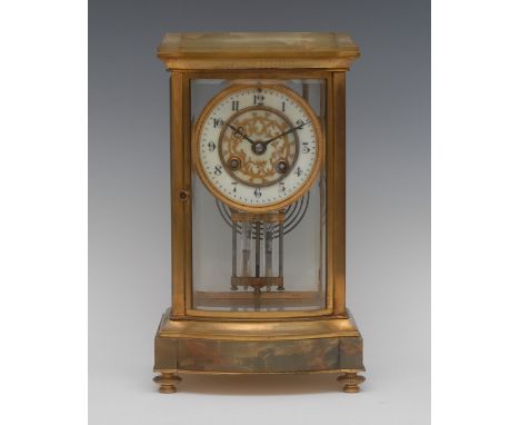 A late 19th century gilt brass and green onyx bow-fronted four-glass  mantel clock, 9cm circular enamel dial inscribed with A