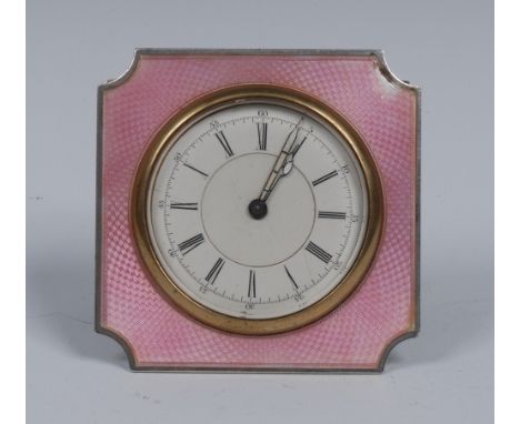 A Swiss Art Deco silver and enamel easel boudoir easel timepiece, 4.5cm circular dial inscribed with Roman numerals, key-woun