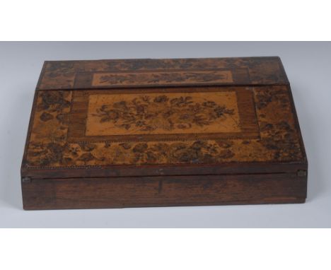 A Victorian rosewood and Tunbridge ware writing slope, the hinged sloping front, inlaid with tapestry flowers in coloured woo