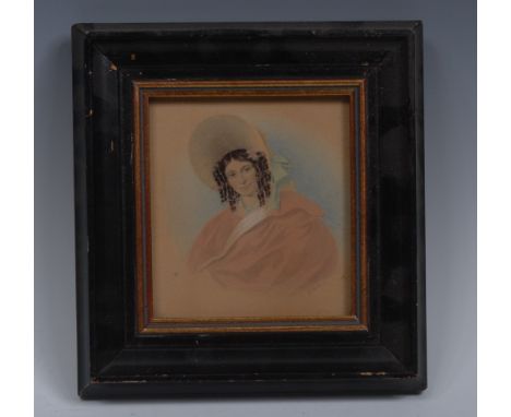E. Frith (early 19th century)Portrait of a Lady, bust-length, wearing a large ribbon-tied bonnet and orange cloak, her hair i
