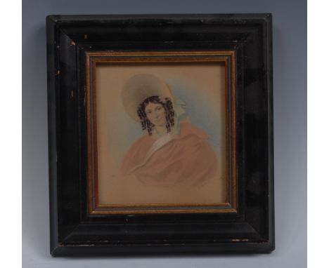 E. Frith (early 19th century)Portrait of a Lady, bust-length, wearing a large ribbon-tied bonnet and orange cloak, her hair i