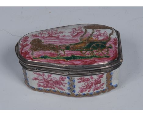 An 18th century Continental silver mounted enamel coffin shaped table snuff box, decorated in puce/pink in the chinoiserie ta