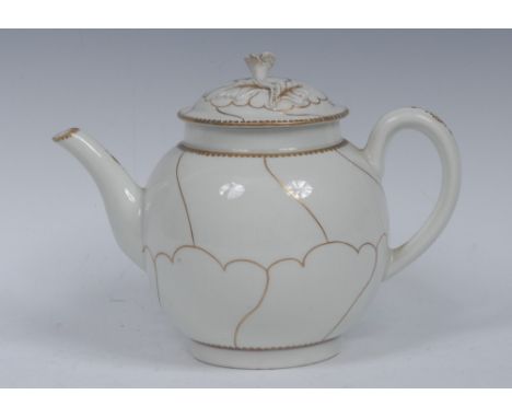 A Worcester Queens Gilt pattern globular teapot and cover, gilt dentil rim, slightly domed cover, flower finial, 15cm high, c