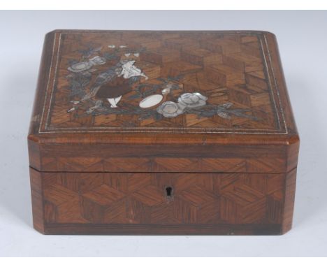 A 19th century French Transitional style canted square rosewood parquetry, mother-of-pearl and ivory marquetry casket, the hi