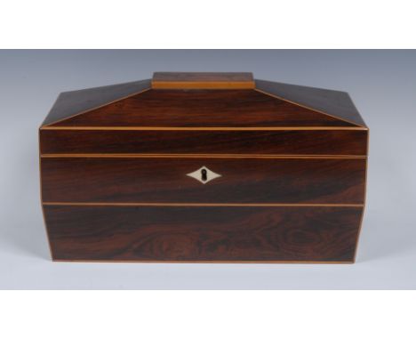 A George IV rosewood sarcophagus tea caddy, hinged cover, outlined throughout with boxwood stringing, 33cm wide, c.1825 