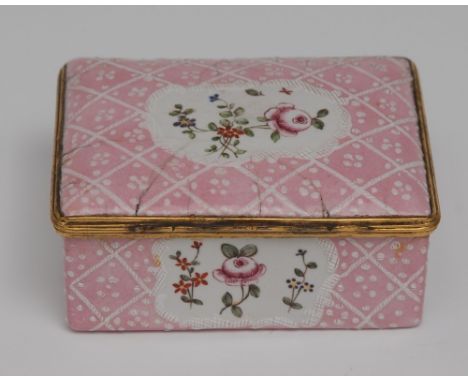 A George III South Staffordshire enamel rectangular box, the cover and sides with stylised flowers within a shaped cartouche,