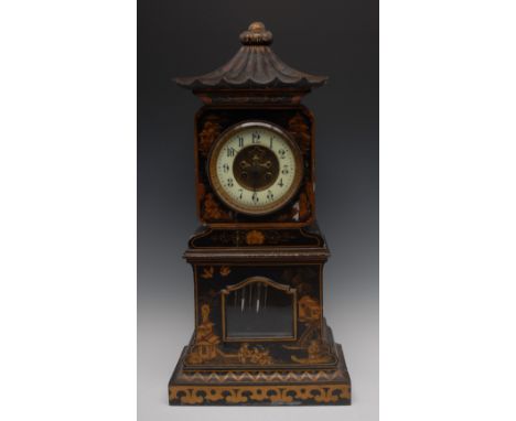 A late 19th century mantel clock, in the chinoserie manner, the 11.5cm diam with Arabic numerals, twin winding holes, eight d