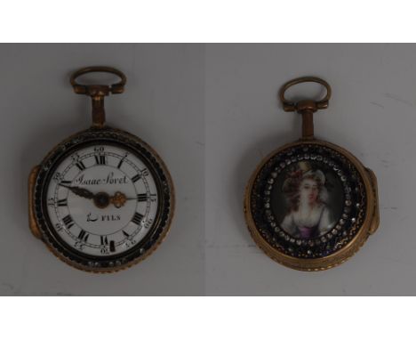 An 18th century gilt metal coloured enamel and paste pair cased pocket watch, signed Isaac Soret & Fils,  trading from 1673 -