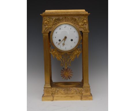 A Louis Philippe ormolu portico clock, 12.5cm convex enamel dial inscribed [   ] Paris, Arabic numerals, twin-winding holes, 