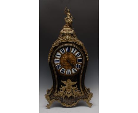 A late 19th century French Boule cartouche shaped bracket clock, the 25cm dial, with Roman numerals in blue and white number 