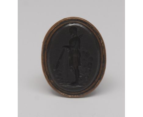 A Wedgwood & Bentley black basalt intaglio seal,  of a classical figure, bronzed mount, impressed mark, no. 290, c.1775