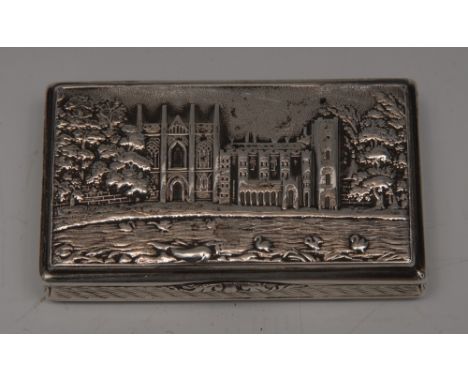 A William IV silver rounded rectangular castle top snuff box, hinged cover in relief with a view of Newstead Abbey, Nottingha