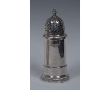 A George V silver lighthouse sugar caster, of George I design, pierced bell shaped cover with knop finial, fluted borders, th