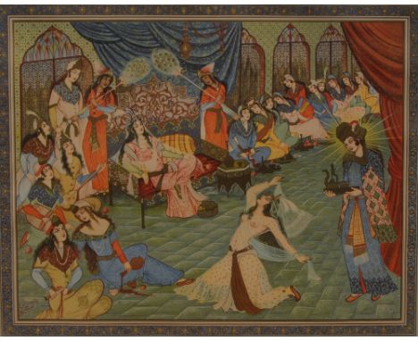 Persian School (early 20th century), Courtesans at Leisure in the Harem, gouache and watercolour over off-set print, 44cm x 5