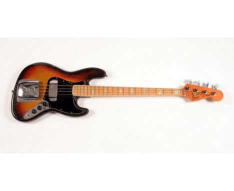 A Fender Jazz bass guitar, sunburst, maple neck, rectangular mother-of-pearl fret inlay, serial no, S741428, 1977, cased, ori