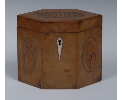 A George III lozenge-shaped satinwood and sycamore marquetry tea caddy, hinged cover inlaid with Prince of Wales feathers and