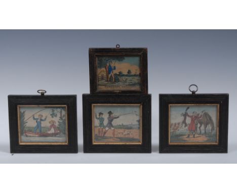 English School (19th century), a set of three miniature coloured engravings, children fox hunting, fishing and shooting, 7.5c