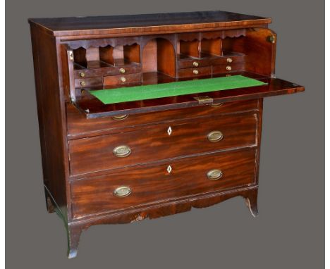 A George III mahogany secretaire chest, crossbanded top above a fitted drawer and three further long graduated cockbeaded dra