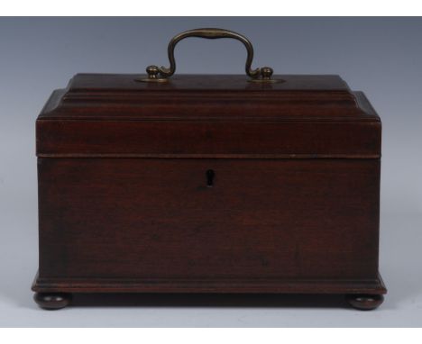 A George II/early George III mahogany rectangular tea caddy, moulded hinged cover enclosing three fitted divisions, brass swa