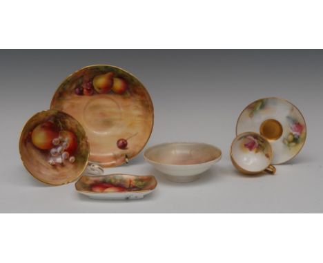 A Royal Worcester cabinet cup and saucers, painted by R. Budd and E Townsend, signed, with pears and gooseberries, on a mossy