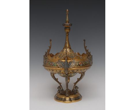 A Victorian champleve enamel and gilt copper table centre, in the Moorish Islamic taste, turquoise mounted lofty 'minaret' fi
