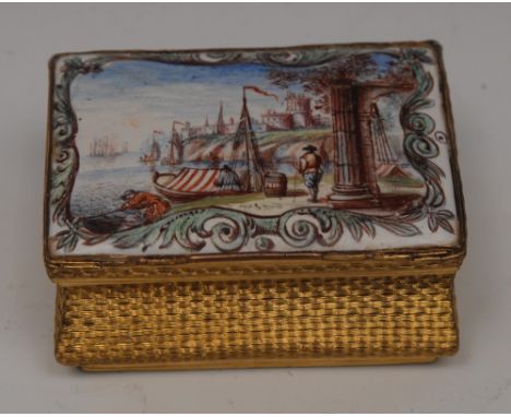 A George III South Staffordshire enamel and gilt-metal waisted rectangular table snuff box, the hinged cover well painted in 