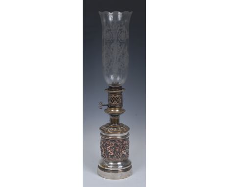 A Victorian electroplated storm lamp, Patent Indicator, by Bright Late Argand & Co., 37 Bruton, pedestal reservoir embossed w