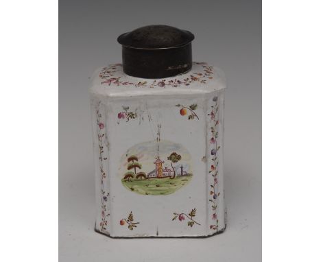 An early George III South Staffordshire enamel shaped square tea canister, painted with stylized landscape reserves recto and