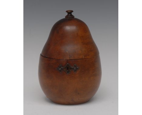 A George III fruitwood tea caddy, as a pear, brass batwing lock escutcheon, iron hinge, draught-turned finial, 16cm high, c.1