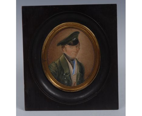 Continental School (early 19th century), a portrait miniature, of an officer, bust-length, wearing green military uniform, bl