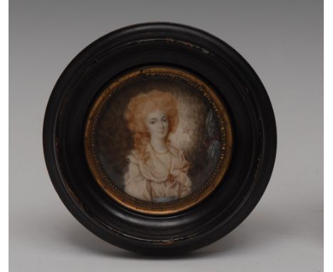 French School (late 18th century), portrait miniature, of a lady of means, bust-length, dressed auburn hair, wearing a locket