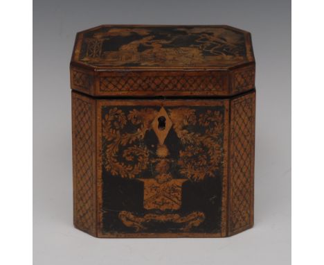 An unusual George III Chinoiserie penwork canted cube tea caddy, decorated throughout with figures in traditional dress, prec