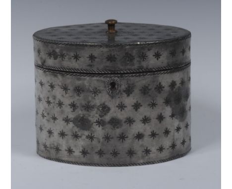 An unusual George III pewter oval tea caddy, hinged cover, bright-cut engraved overall with rows of stars, brass finial, 13cm